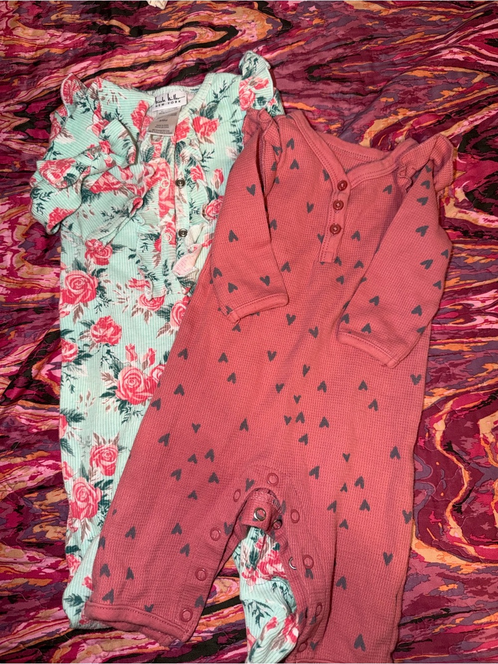 2-Pack Baby Romper Set - Mint Floral & Dusty Rose Heart Waffle Rompers